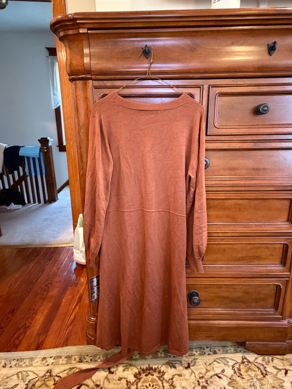 Nina Leonard Balloon Sleeve Sash Sweater Dress Chestnut NWT Size L - Picture 2 of 8